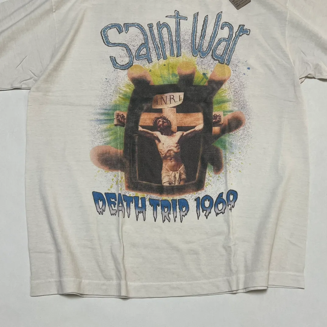 SAINT MICHAEL SAINT WAR TEE/WHAT new style Jesus cross retro short-sleeved, off-white S-XL, ready-to-wear, washed and distressed, printed repeatedly and modified, tube-woven seamless fabric, with little angel anti-counterfeiting label